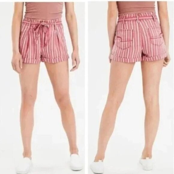 American Eagle Red Striped Belt‎ Linen Shorts - Picture 1 of 6